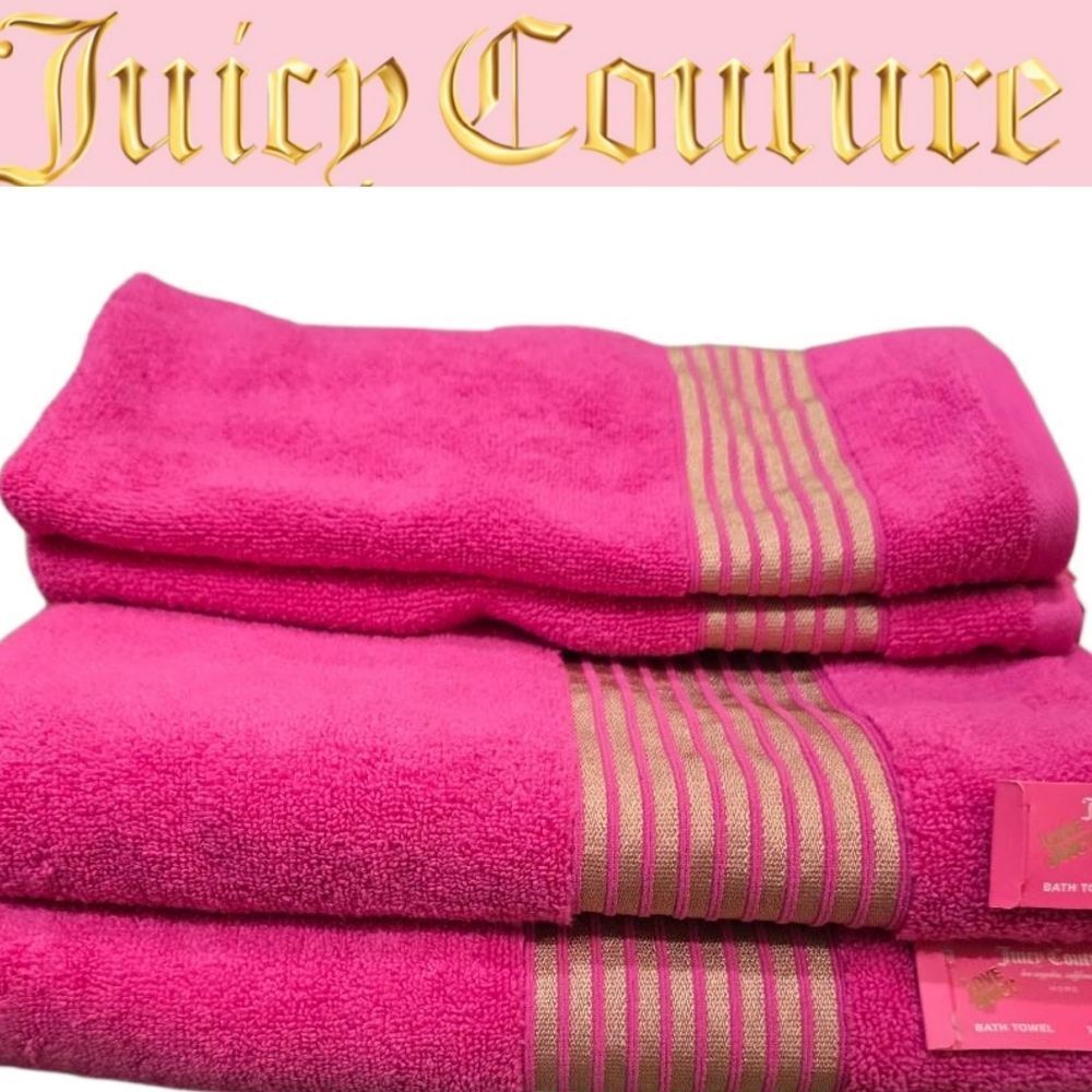 Juicy Couture Home Gold Embrodried Striped Oversized Bath & Hand Towel Set- Pink